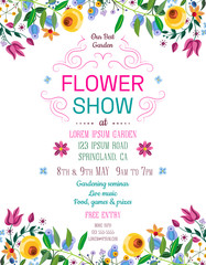 Flower show announcing poster template. Garden party layout with fancy flowers in folk painting style.