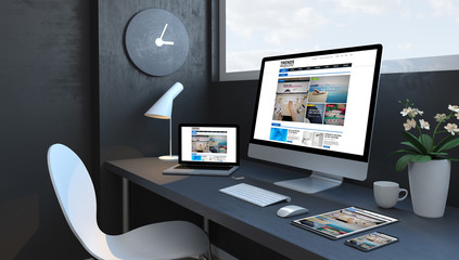 Canvas Print - navy blue workspace with responsive devices trends magazine website