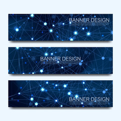 Fototapete - Abstract molecules banners set with lines, dots, circles, polygons. Vector design network communication background. Futuristic digital science technology concept for web banner template or brochure.