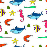 Fototapeta Pokój dzieciecy - Vector cartoon doodle seamless pattern with cute sea animals. EPS 10.