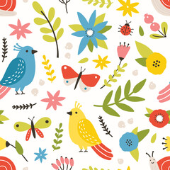 Poster - Floral seamless pattern with spring blooming perennial flowers on white background