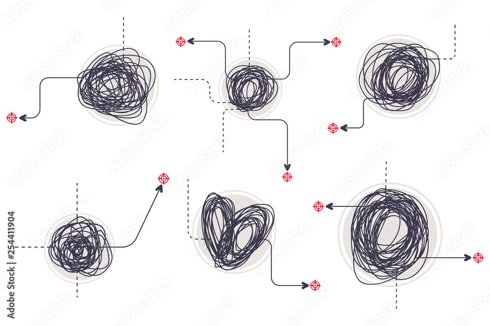 Doodle tangled knot different shapes with an arrow. Scribble messy ...