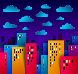 Cityscape in the night with clouds in the sky cartoon vector illustration in paper cut kids application style, high city buildings real property houses midnight time.