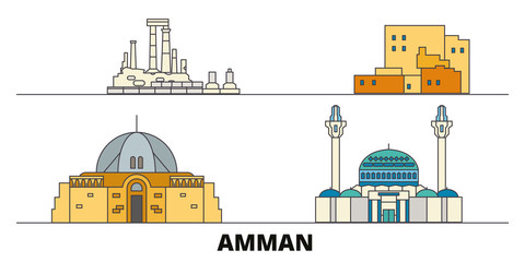 Wall Mural - Jordan, Amman flat landmarks vector illustration. Jordan, Amman line city with famous travel sights, design skyline. 