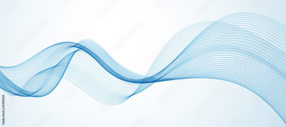 Wave line of flowing particles abstract vector background, smooth curvy shape dots fluid array. 3d shape dots blended mesh, future technology relaxing wallpaper. - obrazy, fototapety, plakaty 