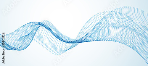 Fotomural Wave line of flowing particles abstract vector background, smooth curvy shape dots fluid array