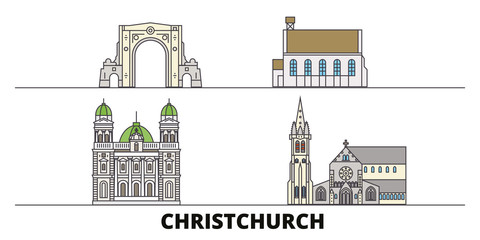 Wall Mural - New Zealand, Christchurch flat landmarks vector illustration. New Zealand, Christchurch line city with famous travel sights, design skyline. 