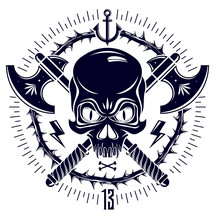 Aggressive Skull Pirate Emblem Jolly Roger With Weapons And Other Design Elements, Vector Vintage Style Logo Or Tattoo Dead Head.