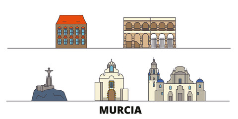 Wall Mural - Spain, Murcia flat landmarks vector illustration. Spain, Murcia line city with famous travel sights, design skyline. 