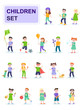 © alexdndz - Set of children in different poses and different activities. Kids playing ball, rollerblading, painting. Cartoon characters isolated on white background. Flat vector illustration.