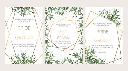 Wall Mural - Wedding floral invitation, thank you modern card: ruscus italian wreath on white marble texture with a golden geometric pattern. Elegant rustic template. All elements are isolated and editable