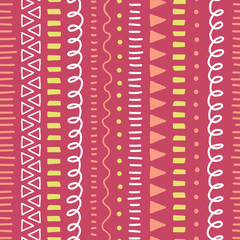 Canvas Print - Abstract pink doodle background. Seamless vector pattern. Ethnic and tribal style background pink, yellow, white. Hand drawn vertical strokes, lines, triangles. Cute repeating kids backdrop. 