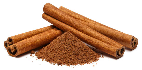 Cinnamon sticks and powder, isolated on white background