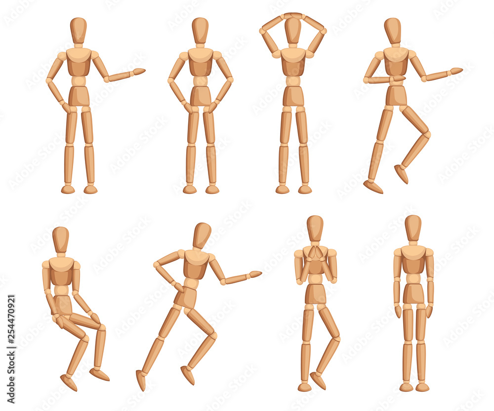 Wooden mannequin collection. Dummy with different poses. Cartoon flat style. Vector illustration isolated on white background - obrazy, fototapety, plakaty 