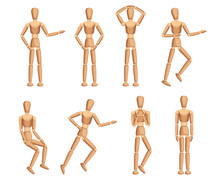 Wooden Mannequin Collection. Dummy With Different Poses. Cartoon Flat Style. Vector Illustration Isolated On White Background