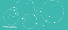 Abstract Vector Illustration With Overlapping Circles, Dots And Dashed Circles. Science And Connection Concept. Wide Molecule Structure Background.