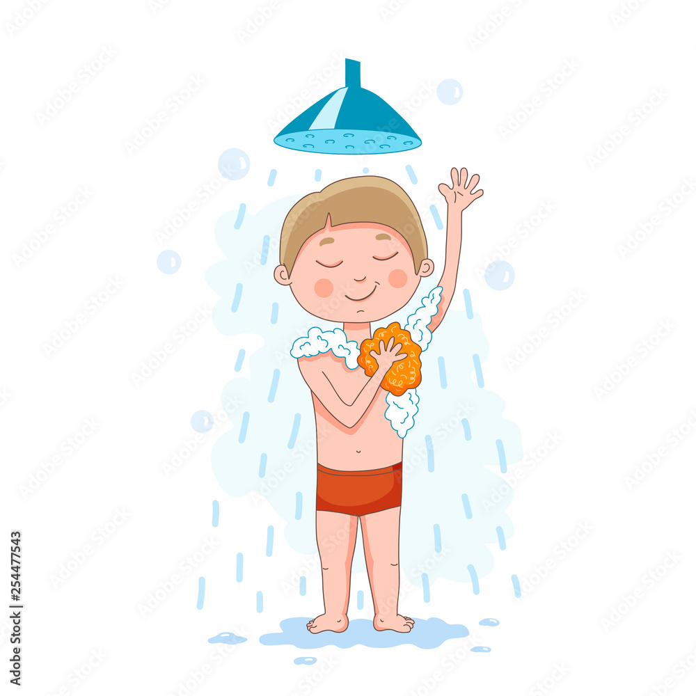 Vetor do Stock Young baby boy takes a shower with soap, scrubbing by shower  puff. Vector illustration colorful isolated on white background | Adobe  Stock, image size:1000x1000