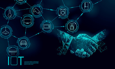 Wall Mural - Internet of things icon work handshake concept. Smart city wireless communication network IOT ICT. Home intelligent system automation computer online vector illustration