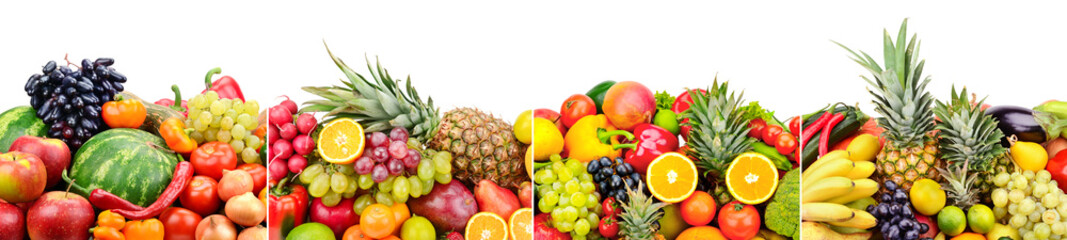 Wall Mural - Panoramic skinali from bright fresh vegetables, fruits, berries isolated on white