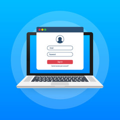 Poster - Login page on laptop screen. Notebook and online login form, sign in page. User profile, access to account concepts. Vector illustration.