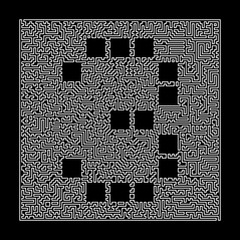 Poster - Number 3 in the maze frame. Labyrinth technical letters linear style font. Illustration isolated on black.