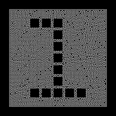 Poster - Number 1 in the maze frame. Labyrinth technical letters linear style font. Illustration isolated on black.
