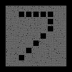 Poster - Number 7 in the maze frame. Labyrinth technical letters linear style font. Illustration isolated on black.