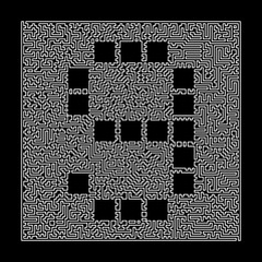 Poster - Number 9 in the maze frame. Labyrinth technical letters linear style font. Illustration isolated on black.
