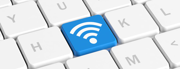 Poster - Wi-Fi concept. Blue key button with wifi sign on a computer keyboard, banner. 3d illustration