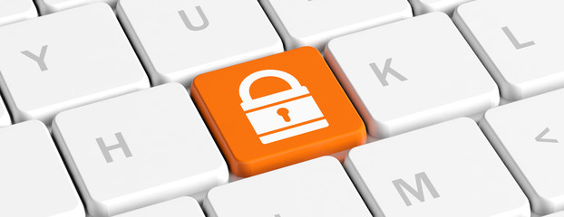 Poster - computer security. padlock icon on a computer keyboard, banner. 3d illustration