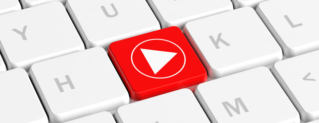 Poster - play video. red key button with a play sign on a computer keyboard, banner. 3d illustration