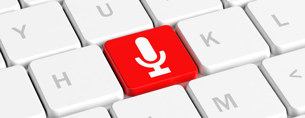 Poster - Recorder, computer key. Red key button with a microphone on a computer keyboard, banner. 3d illustration