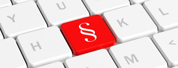 Poster - Law, online legislation. Red key button with a paragraph sign on a computer keyboard, banner. 3d illustration