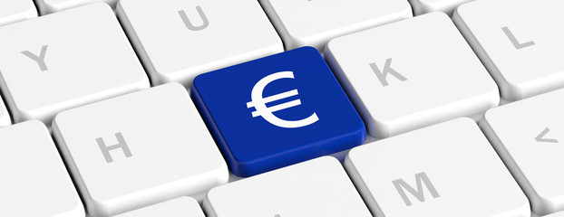 Poster - euro, money. blue key button with euro sign on a computer keyboard, banner. 3d illustration