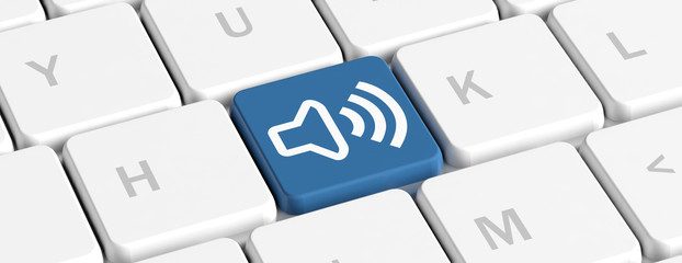 Poster - Sound, computer volume. Blue key button with a speaker on a computer keyboard, banner. 3d illustration