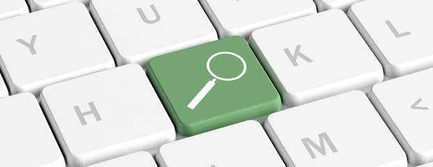 Poster - Search, computer key. Green key button with a magnifying glass on a computer keyboard, banner. 3d illustration