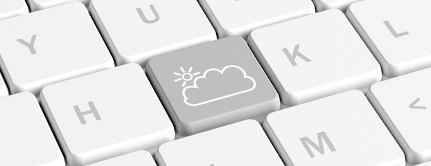 Poster - Weather forecast, cloudy day. Grey key button with cloud and sun icon on a computer keyboard, banner. 3d illustration