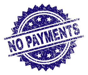 Sticker - NO PAYMENTS stamp seal watermark with distress style. Blue vector rubber print of NO PAYMENTS caption with corroded texture.