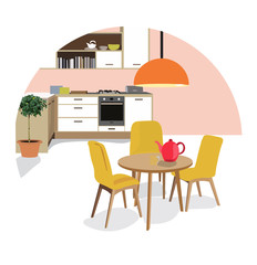 kitchen dining room  illustration. Interior design home scene.modern house, chair, table, oven, lamp, plant.coffee cup. Danish mid century.cute  and happy.