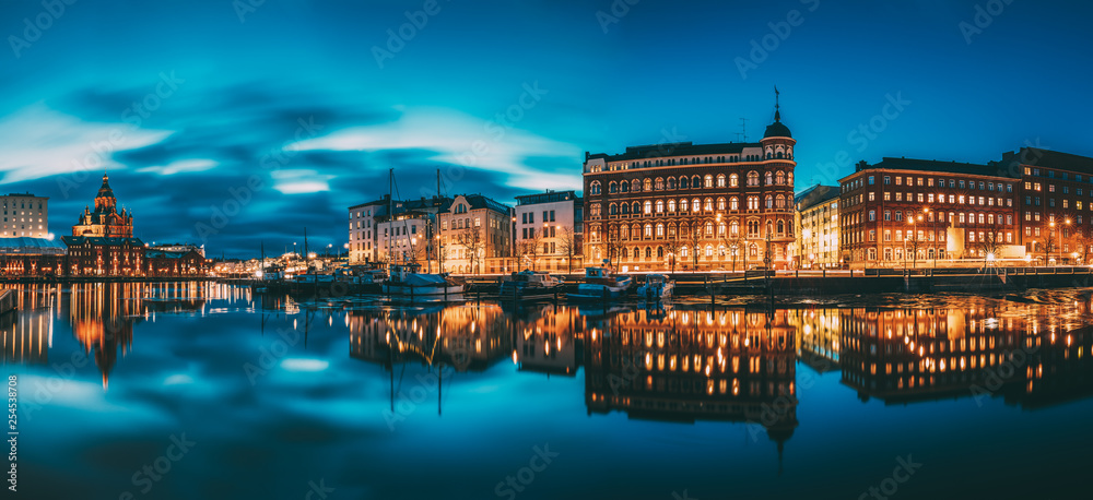 Helsinki, Finland. Panoramic View Of Kanavaranta Street With Uspenski Cathedral And Pohjoisranta Street In Evening Night Illuminations - obrazy, fototapety, plakaty 