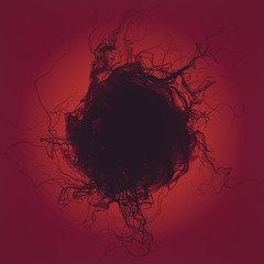 Fototapete - Abstract interweaving psychedelic dark lines surrounded by colored mist. Curled wire futuristic pattern. 3d rendering