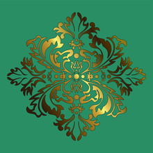 Golden Vector Pattern On A Green Background. Damask Graphic Ornament. Floral Design Element.