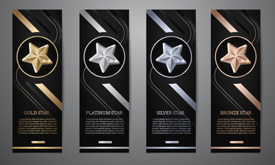 Set of black banners, Gold, platinum,silver and bronze star, Vector illustration