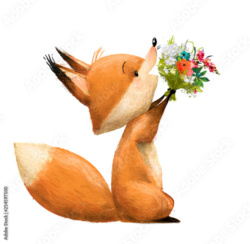 Photo cute fox with floral bouqet