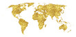 Golden world map concept illustration, gold planet geography icon made of golden glitter dust on white background.