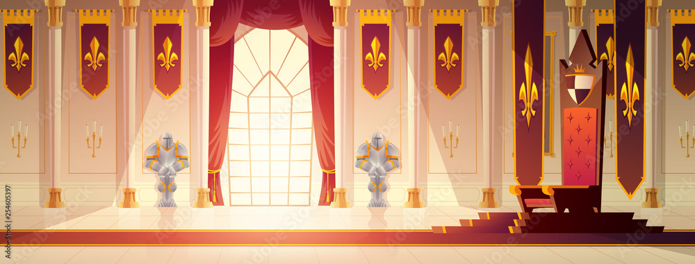 Medieval castle spacious throne hall or ballroom interior cartoon vector. Red carpet path to kings throne on pedestal, curtains on window, flags with royal emblem on walls, knights armors illustration - obrazy, fototapety, plakaty 