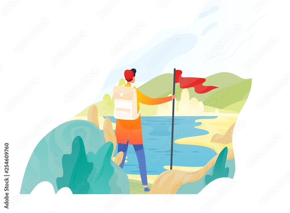 Backpacker, hiker, traveller or explorer standing, holding red flag and looking at nature. Hiking, backpacking, adventure tourism and travel, discovery of new horizons. Flat vector illustration. - obrazy, fototapety, plakaty 