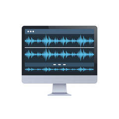 Wall Mural - sound monitor audio waves oscillating blue light computer display digital technology record sound in studio concept white background