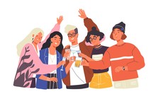 Group Of Happy Boys And Girls Clinking Glasses And Drinking Alcohol At Celebratory Party. Portrait Of Cute Joyful Friends Celebrating Together. Colorful Vector Illustration In Flat Cartoon Style.