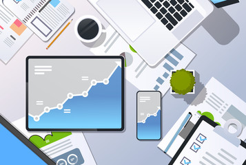Poster - analysis financial graph finance business chart growth concept top angle view desktop laptop smartphone tablet screen paper report office stuff horizontal